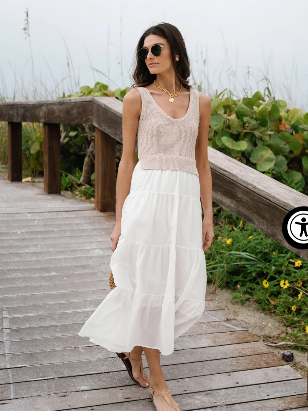 Elan Taupe Knit Bodice White Tiered Cotton Maxi Dress ,prairie women’s Large
